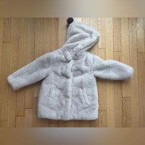 Zara Girls Cozy Faux Fur Cream Kids Jacket with pompom hood, white